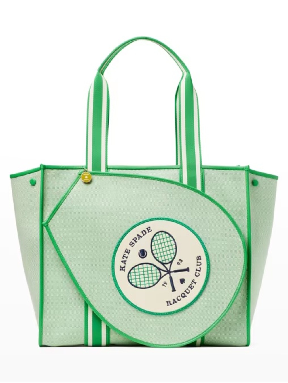 kate spade light green canvas tote with green trim and striped handles